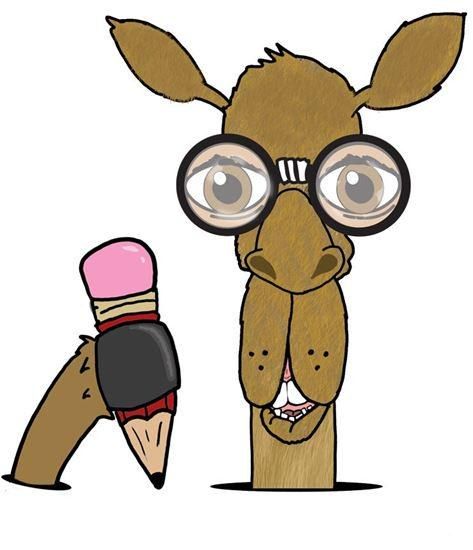 Cyril the camel holding a pencil