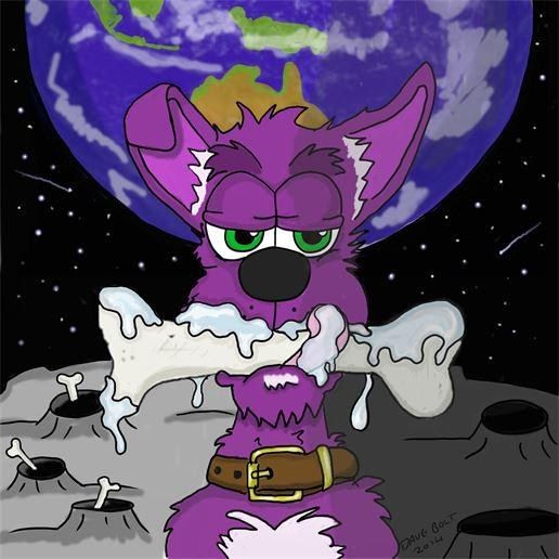 A purple dog with a bone on the moon, the Earth behind him
