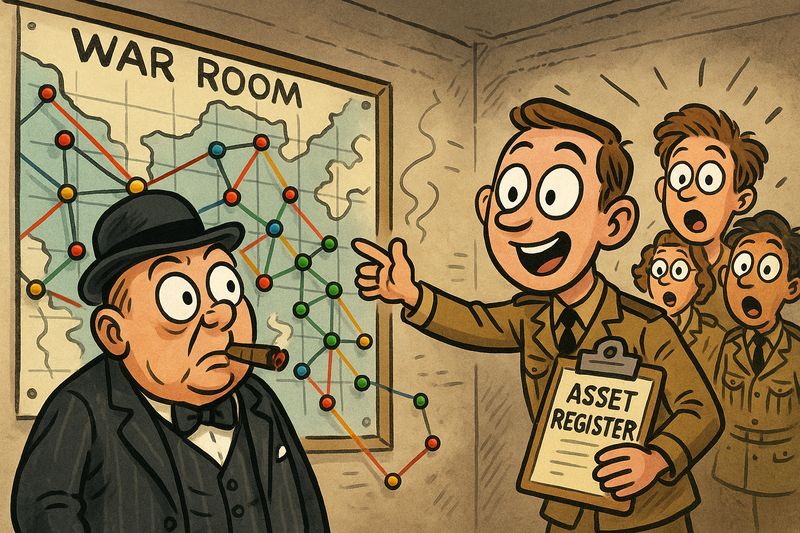 Cartoon: a war room planning session with an asset register